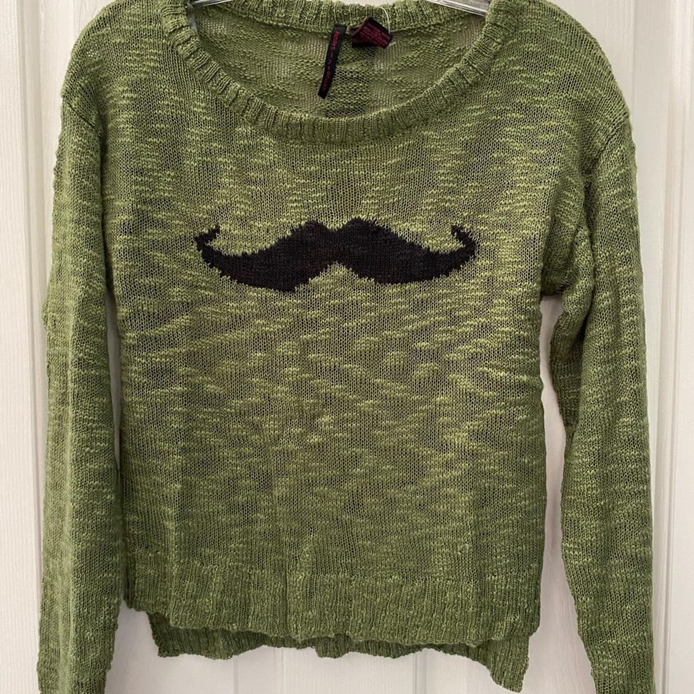 Heart N Crush Green Lightweight Long Sleeve Sweater With Mustache Graphic - Picture 3 of 15